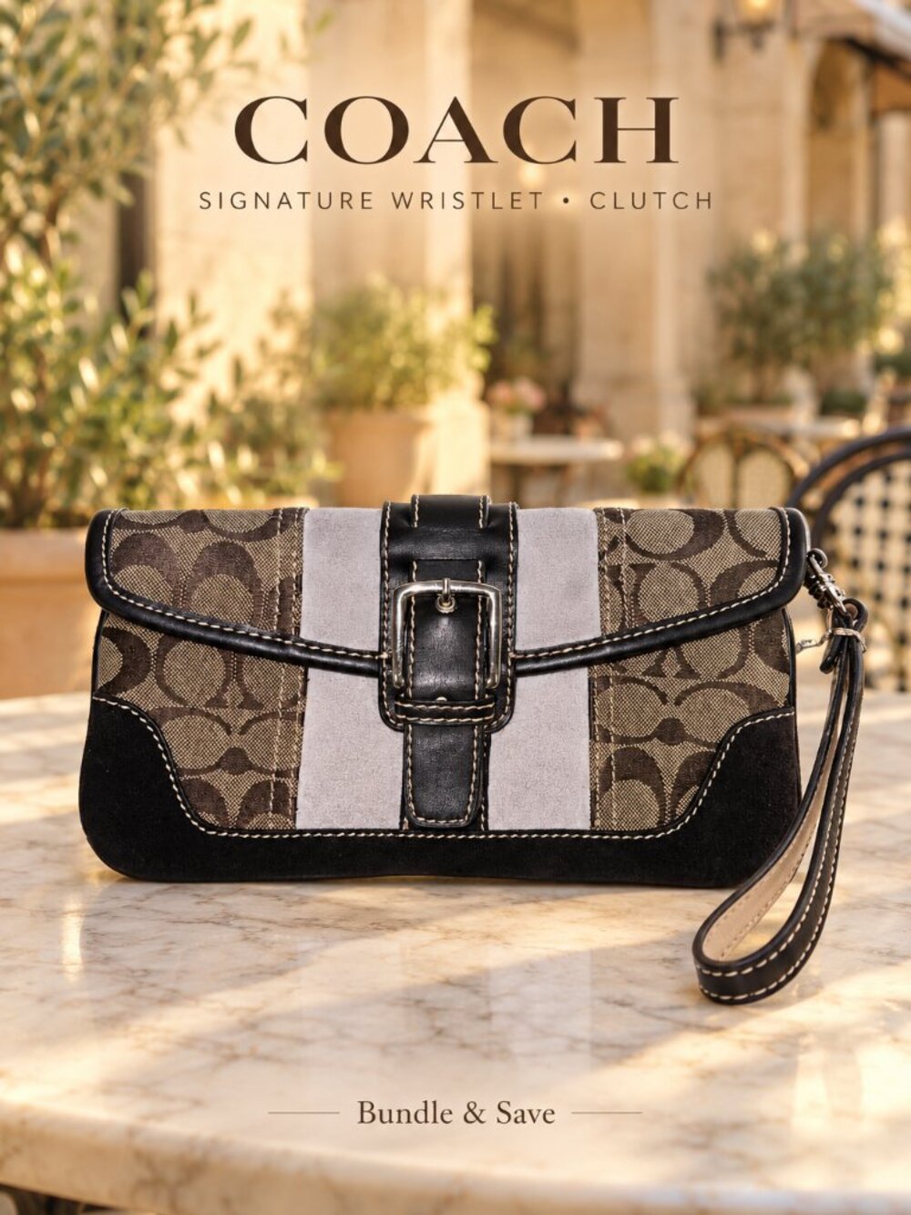 Coach Signature C Buckle Wristlet Clutch Khaki Brown Black Leather Trim